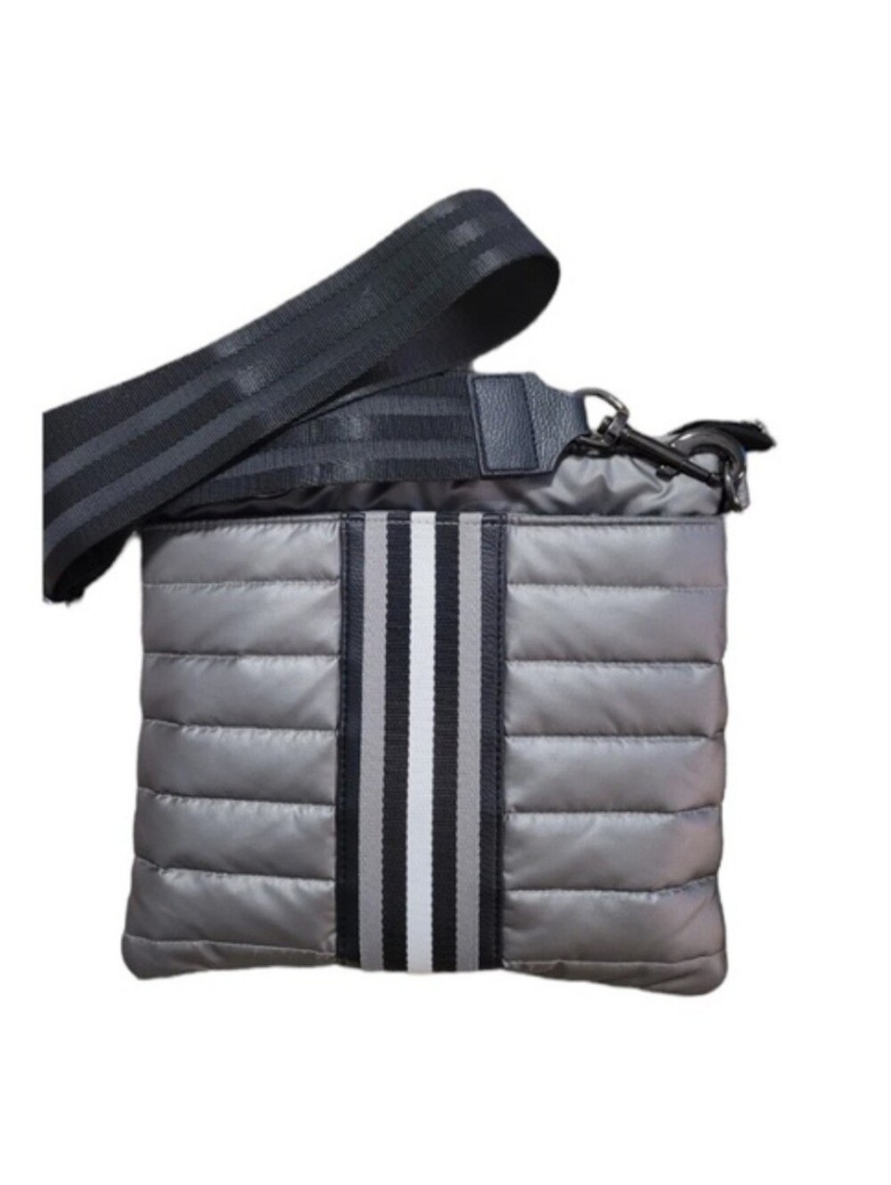 THINK ROYLN Farrah Liquid Metallic Pewter Nylon Quilted Crossbody Handbag Purse
